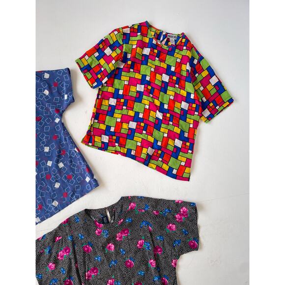 VINTAGE 80s Boxy Patterned Top Wholesale Bundle / 3 Pcs / Silk Lot Womens - Picture 4 of 9